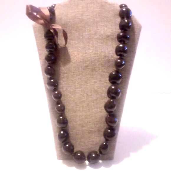 Kukui Nut Hawaiian Hand Knotted Lei Necklace 30” Brown Ribbon Tie - Picture 1 of 5